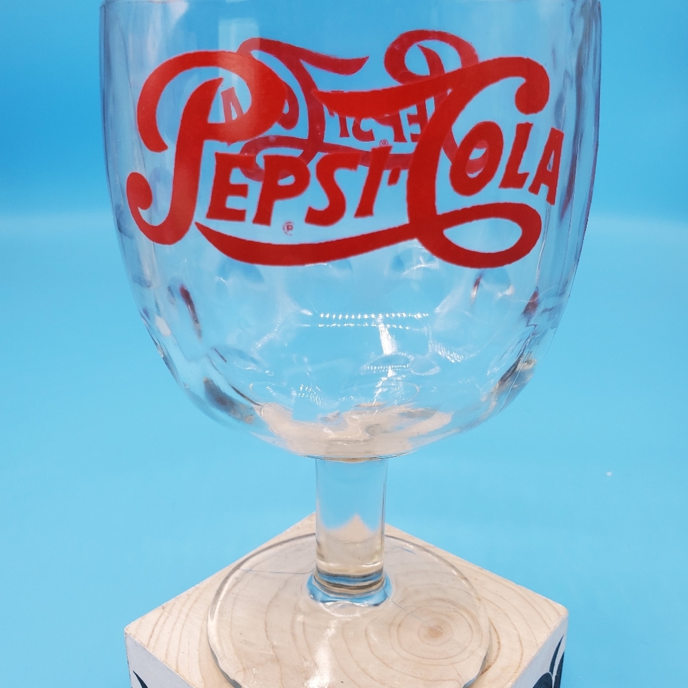 Pepsi-Cola Thumbprint Goblet Red Letters Both Sides 6” height 4” on Top of a Rim